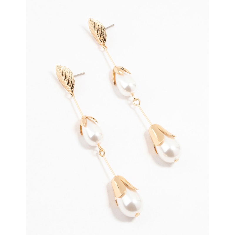Gold Leaf Triple Pearl Drop Earrings