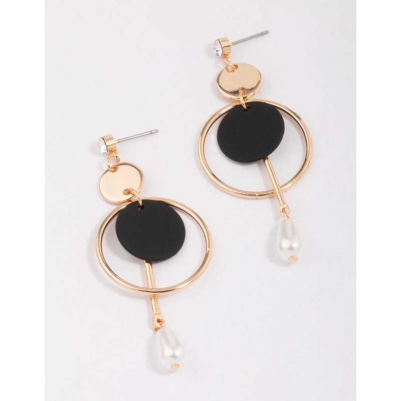 Gold Multi Disc Pearl Drop Earrings