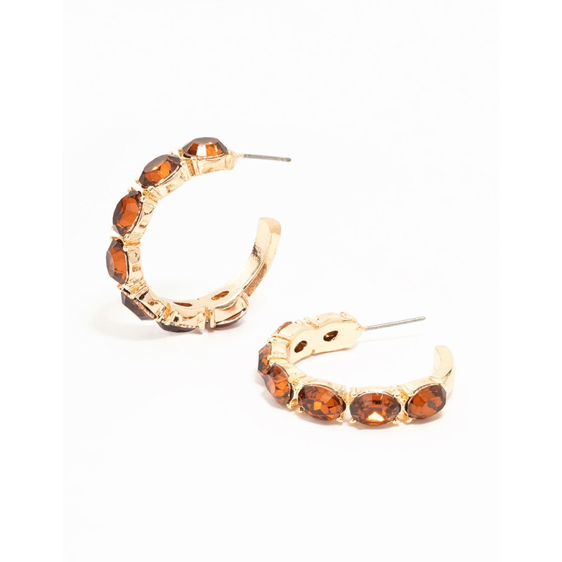 Gold Oval Amber Diamante Hoop Earrings