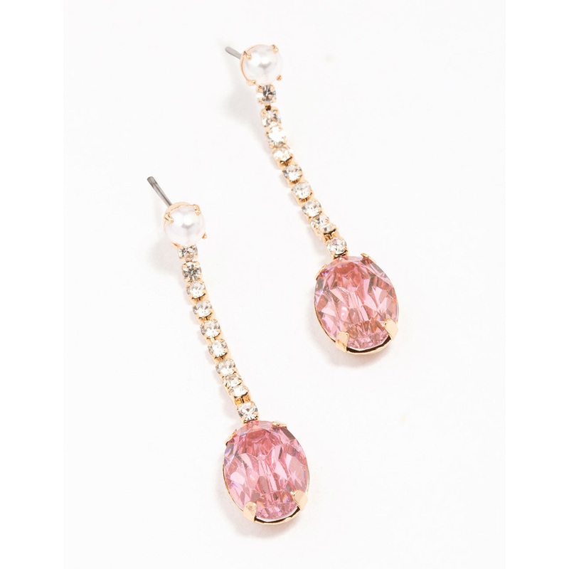 Gold Pearl Pink Diamante Cup Chain Oval Drop Earrings