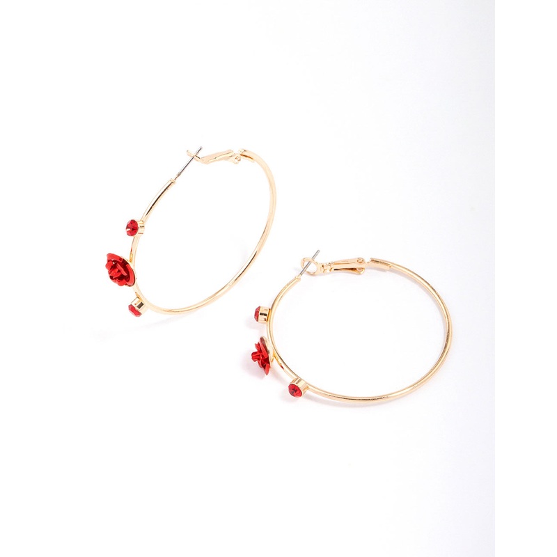 Gold Pearlised Red Rose Hoop Earrings