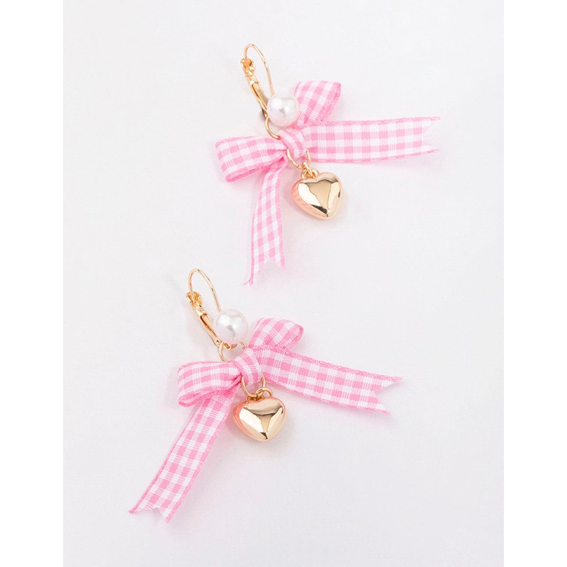 Gold Pink Gingham Bow & Heart Drop Earrings