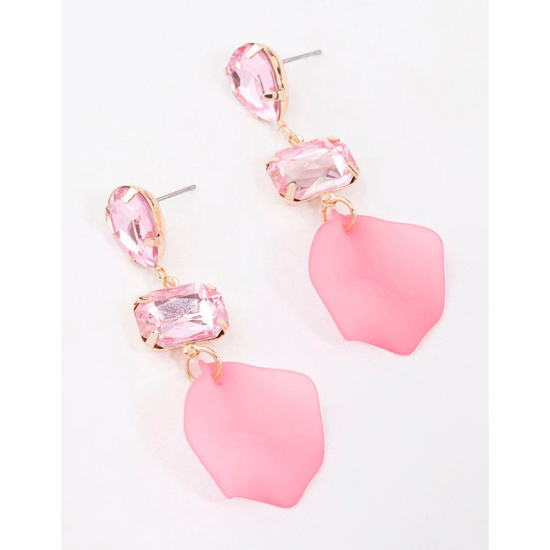 Gold Pink Pear & Rectangle Diamante Petal Drop Earrings