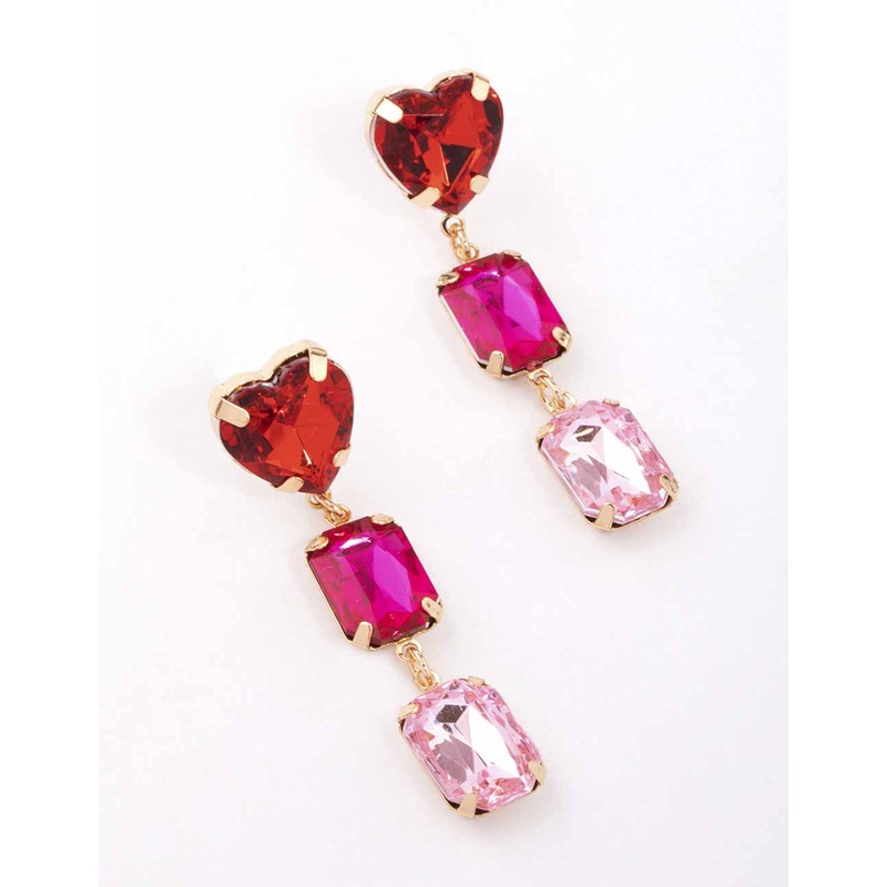 Gold Pink & Red Stone Heart Drop Earrings