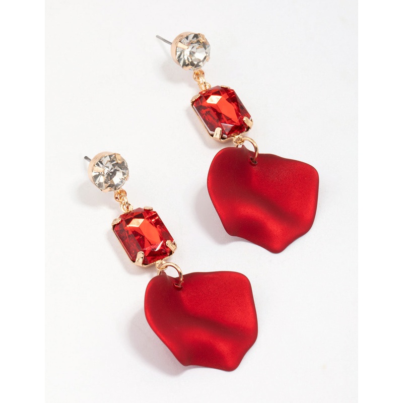 Gold Rectangular Diamante Red Petal Drop Earrings