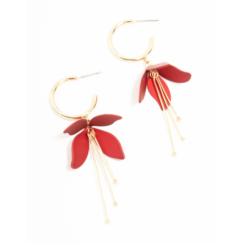 Gold Red Pearlised Flower Drop Earrings