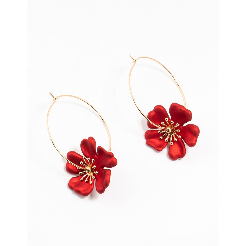Gold Red Pearlised Stapled Flower Drop Earrings