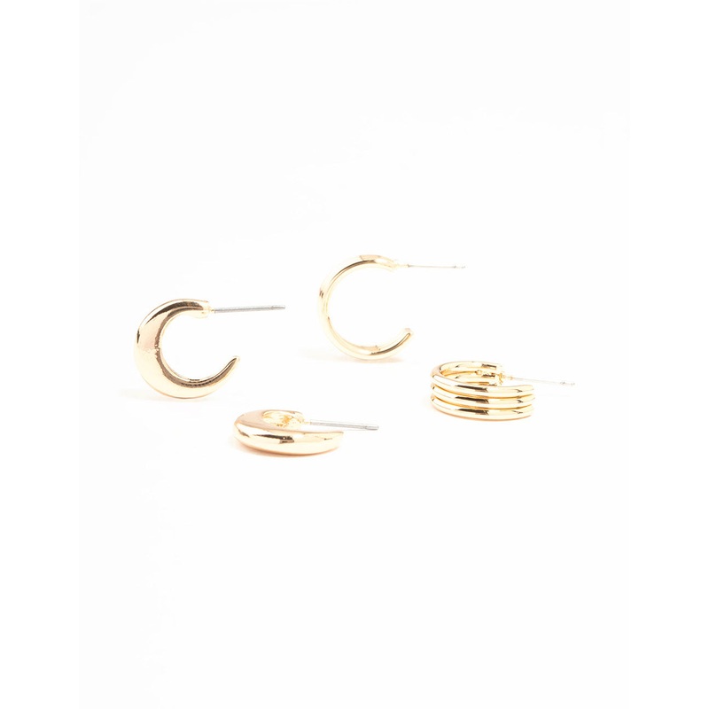 Gold Ribbed & Plain Hoop Earrings 2-Pack
