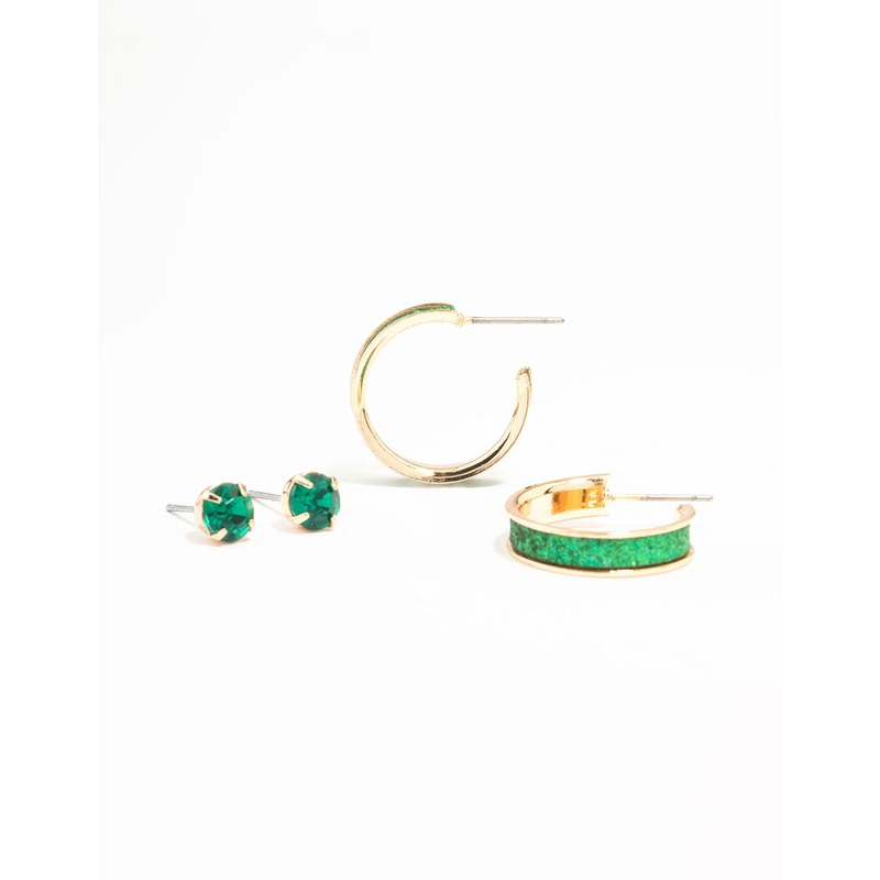 Green Glitter Hoops & Green Diamante Stud Earrings 2-Pack