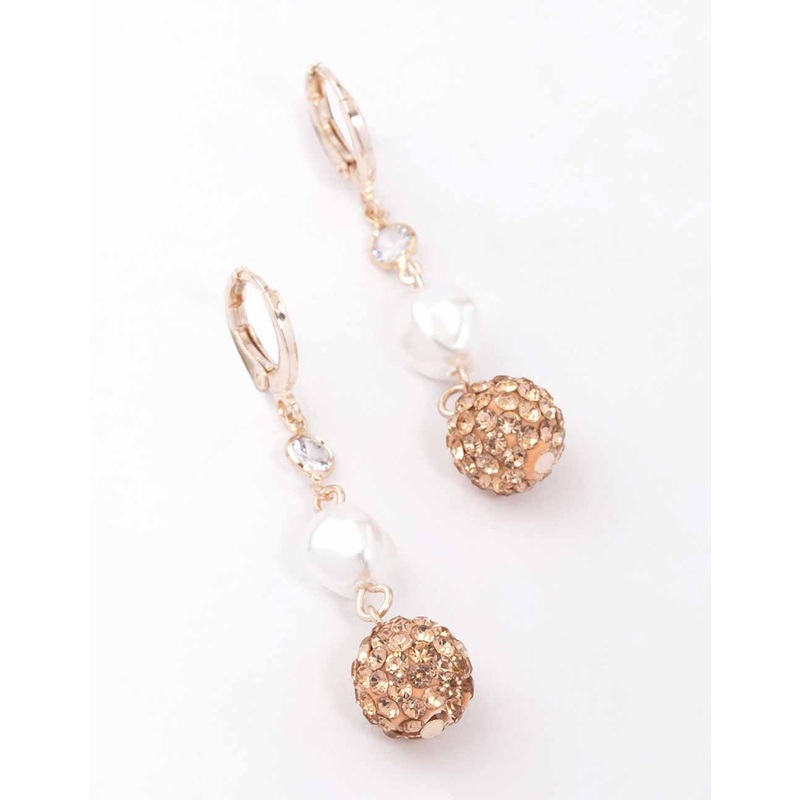 Pink Pearl & Fireball Drop Huggie Earrings