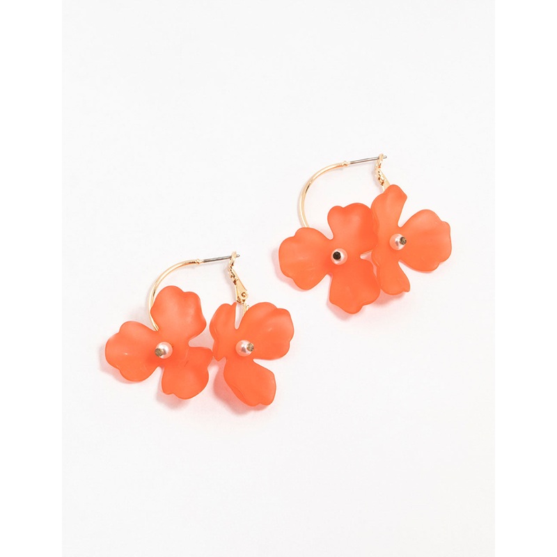 Red Acrylic Double Pearl Flower Hoop Earrings