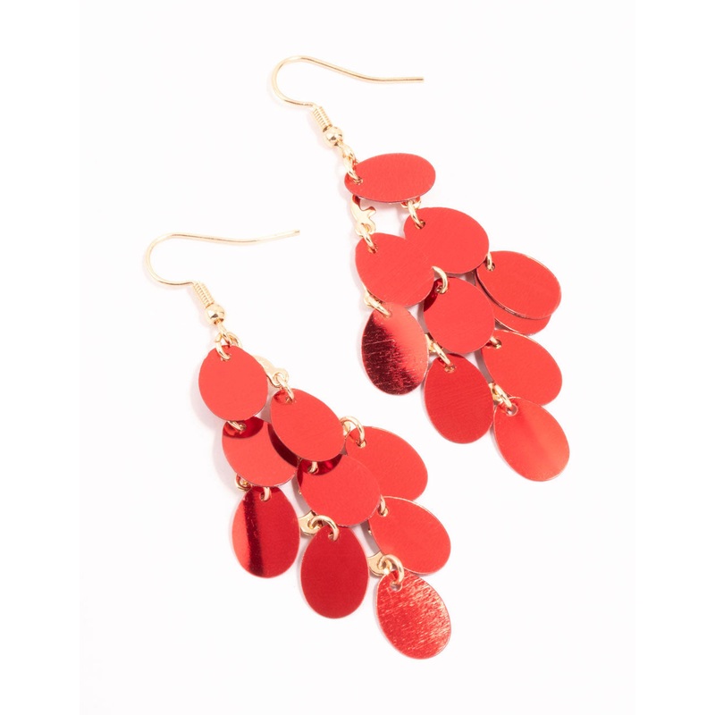 Red Cascading Sequin Gold Drop Earrings
