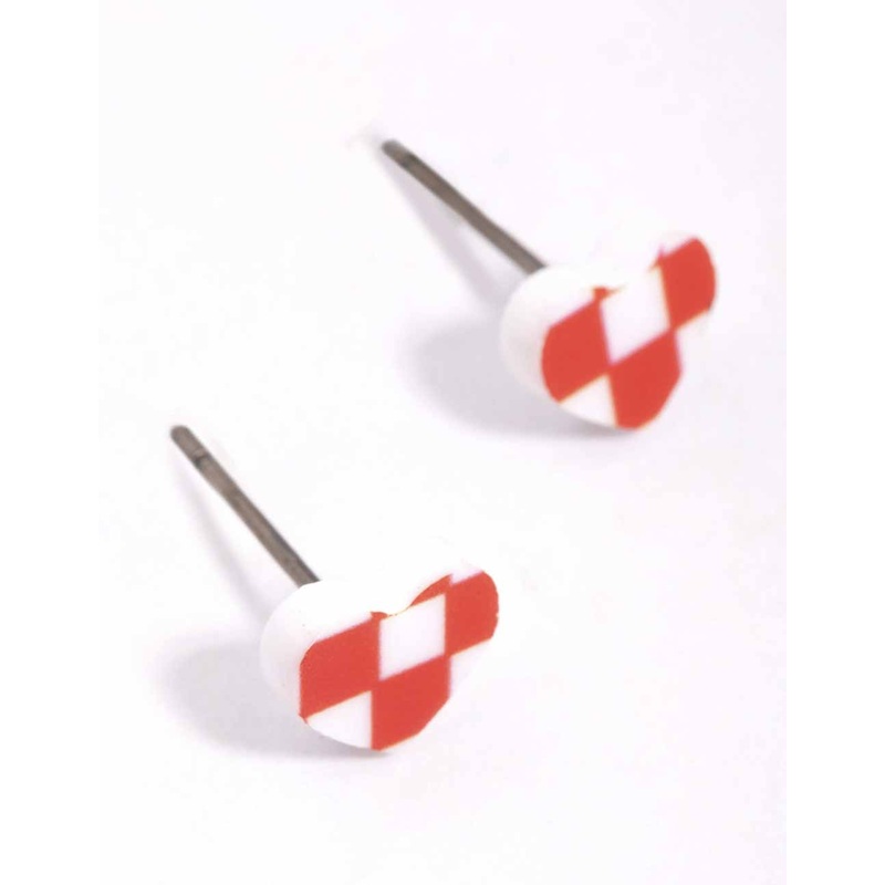 Red Checkered Heart Stud Earrings