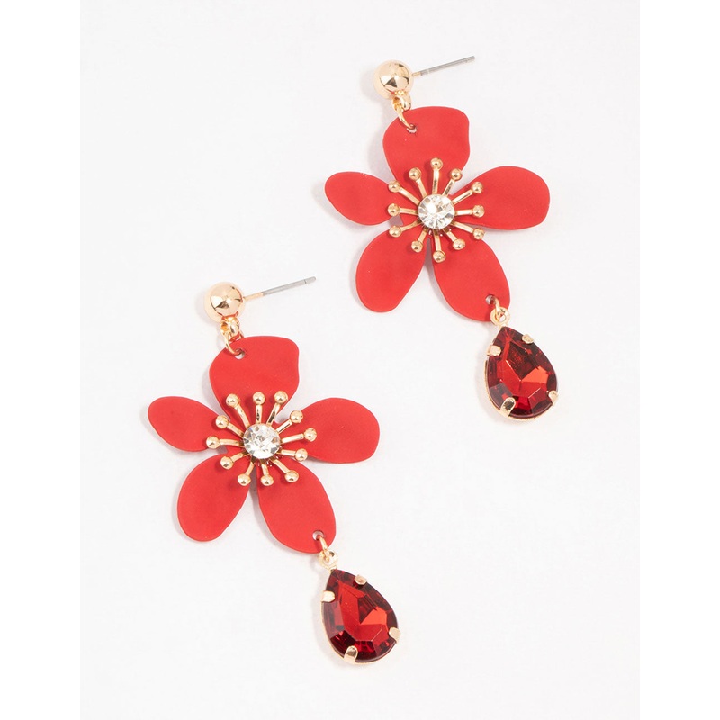 Red Coated Metal Flower Pear Diamante Drop Earrings