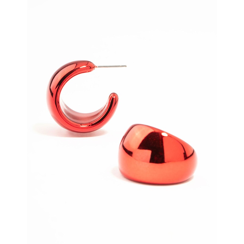 Red Coated Metal Wide Metallic Hoop Earrings