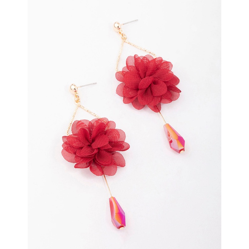 Red Fabric & Beaded Flower Drop Earrings