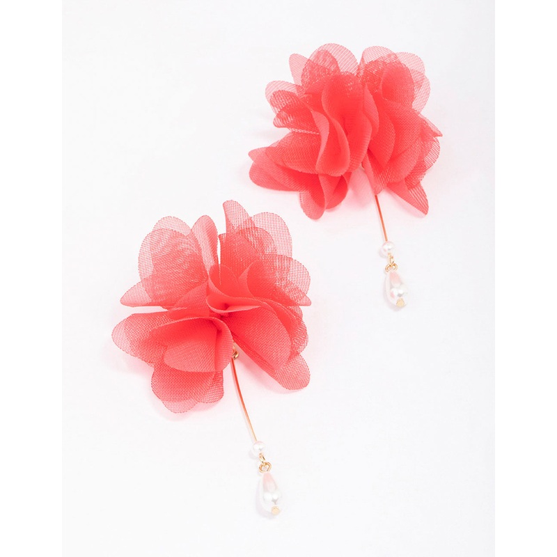 Red Fabric Flower Pearl Drop Earrings