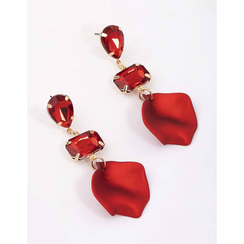 Red Pear & Rectangle Diamante Petal Drop Earrings