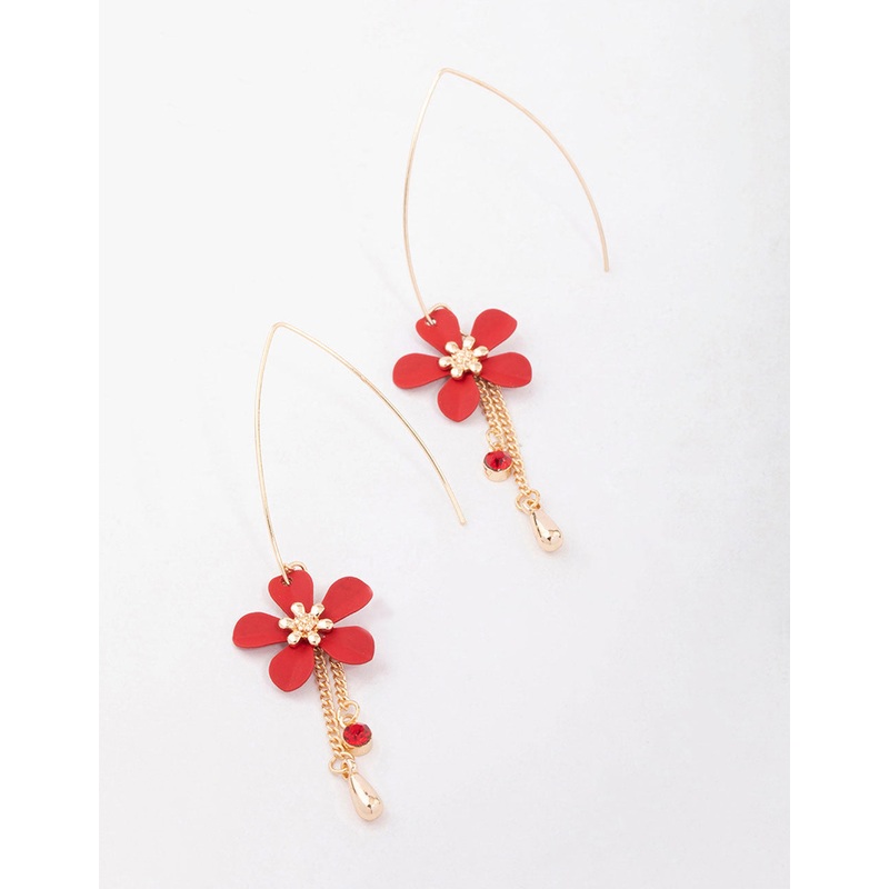 Red Thread Through Flower & Diamante Drop Earrings