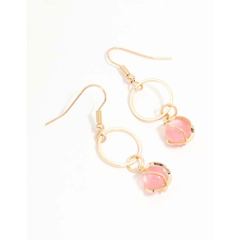 Rose Gold Cat Eye Pink Ball Twirl Drop Earrings