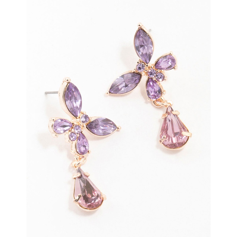 Rose Gold Diamante Purple Butterfly Drop Earrings