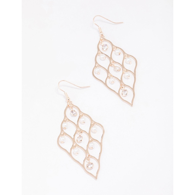 Rose Gold Diamond Cut Out Pearl Drop Earrings