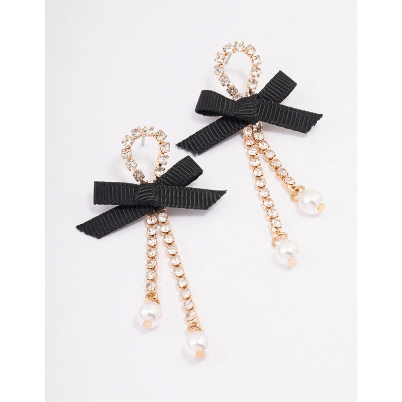 Black Cup Chain Pearl Bow Drop Earrings