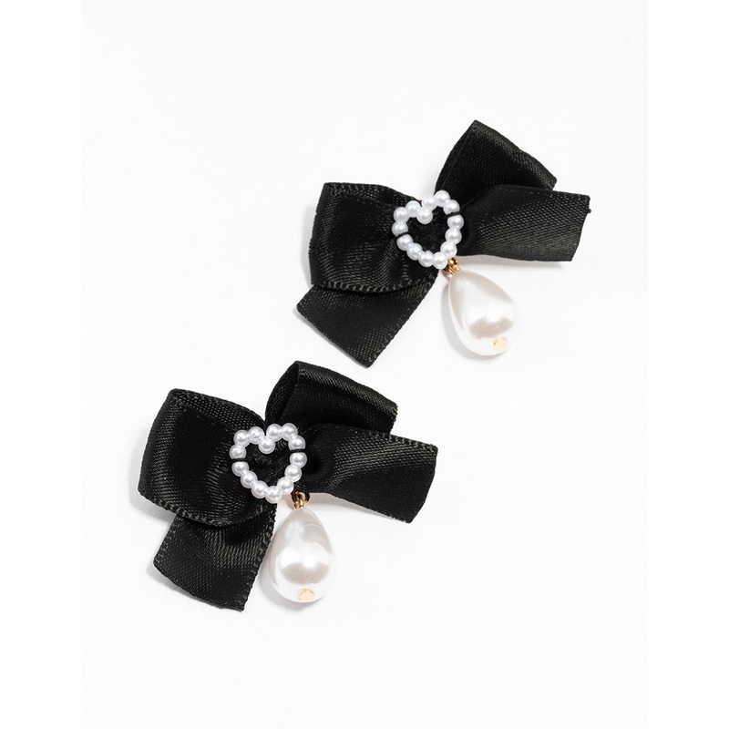 Black Fabric Pearl Heart Bow Stud Earrings