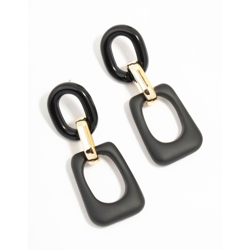 Black & Gold Trapeze Link Drop Earrings