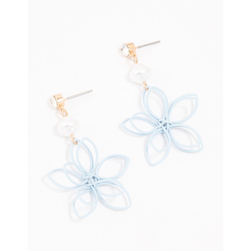 Blue Coated Metal Wire Flower Pearl Drop Earrings