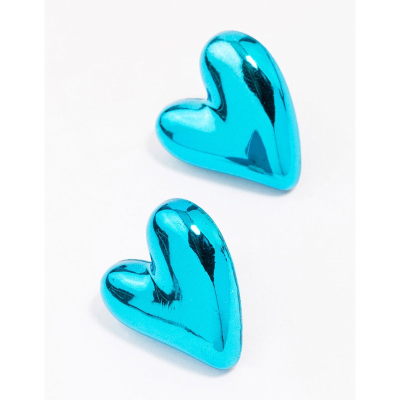 Blue Puffy Heart Stud Earrings