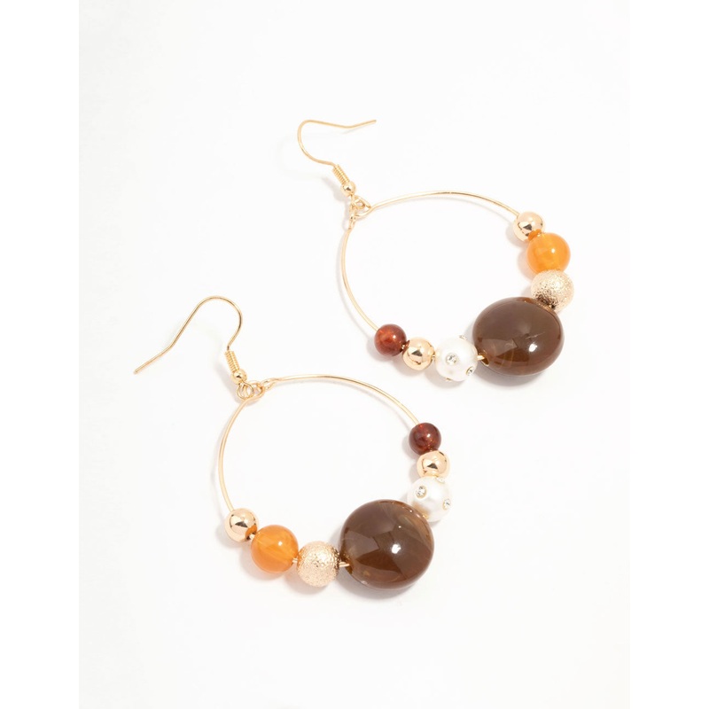 Brown Beaded & Pearl Acrylic Round Drop Earrings