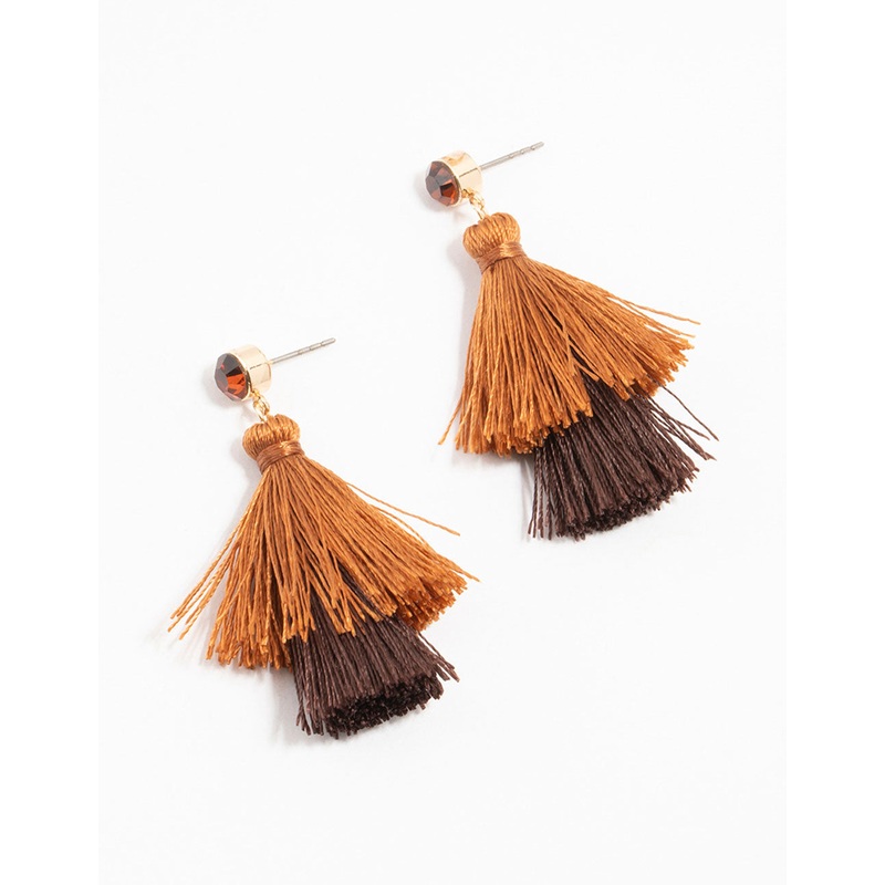 Brown Fabric Tassel Diamante Drop Earrings