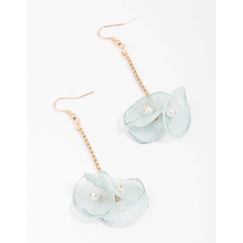 Gold & Blue Cup Chain Flower Pearl Drop Earrings