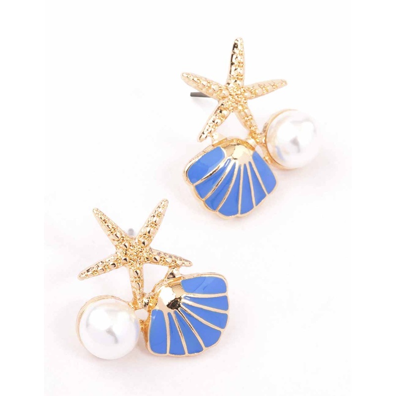 Gold & Blue Starfish Pearl Cluster Stud Earrings