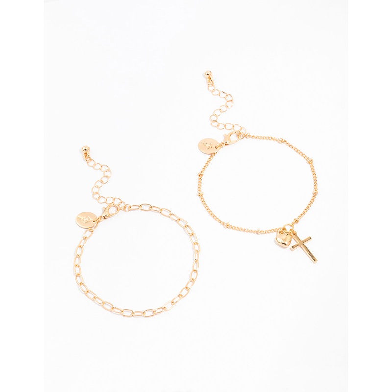 Gold Chain Cross & Heart Bracelets 2-Pack