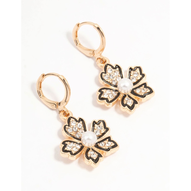 Gold Clicker Pearl Flower Drop Earrings