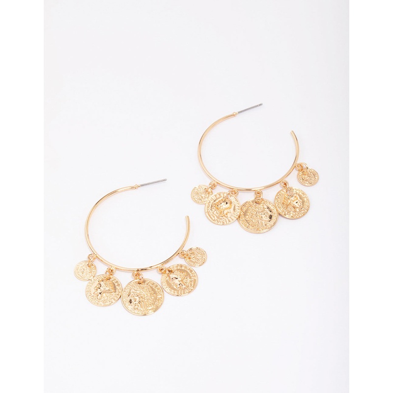 Gold Coin Droplet Hoop Earrings