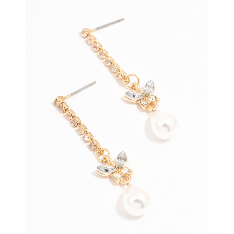 Gold Cup Chain Diamante Butterfly & Pearl Drop Earrings