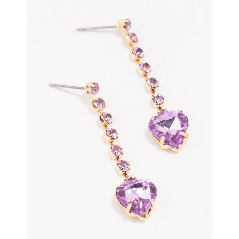 Gold Cupchain Lilac Heart Drop Earrings