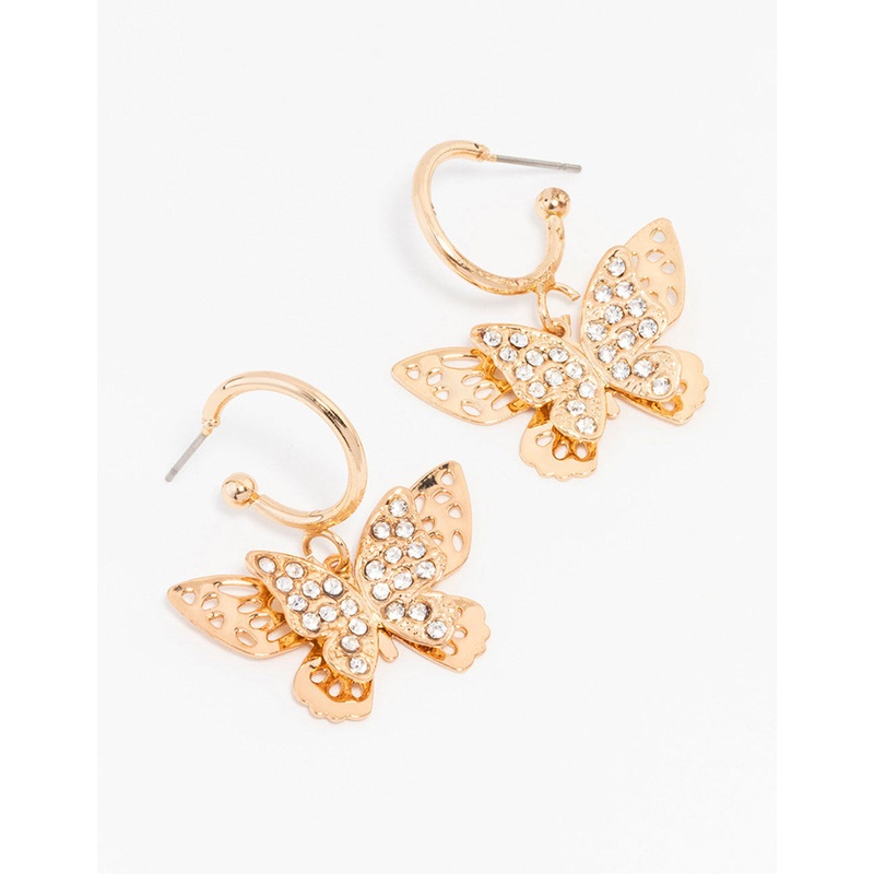 Gold Diamante Butterfly Hoop Drop Earrings