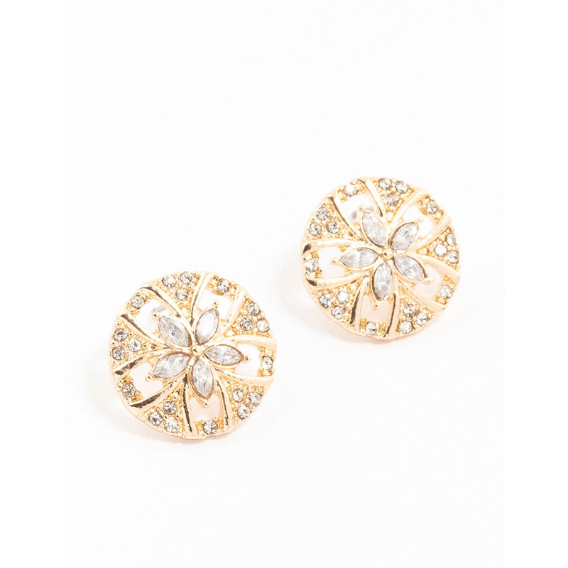 Gold Diamante Disc Flower Stud Earrings