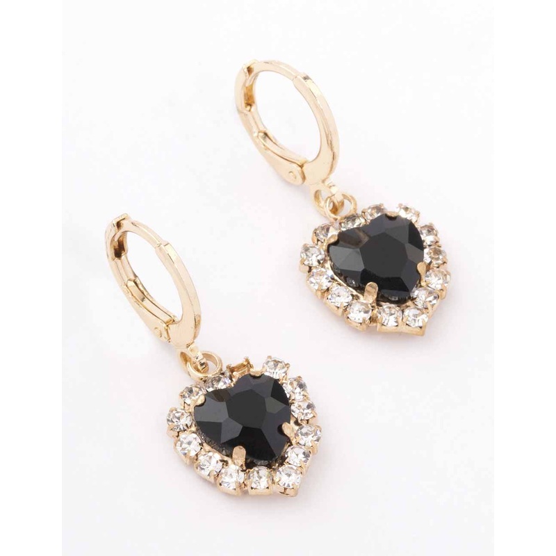 Gold Diamante Heart Drop Huggie Earrings