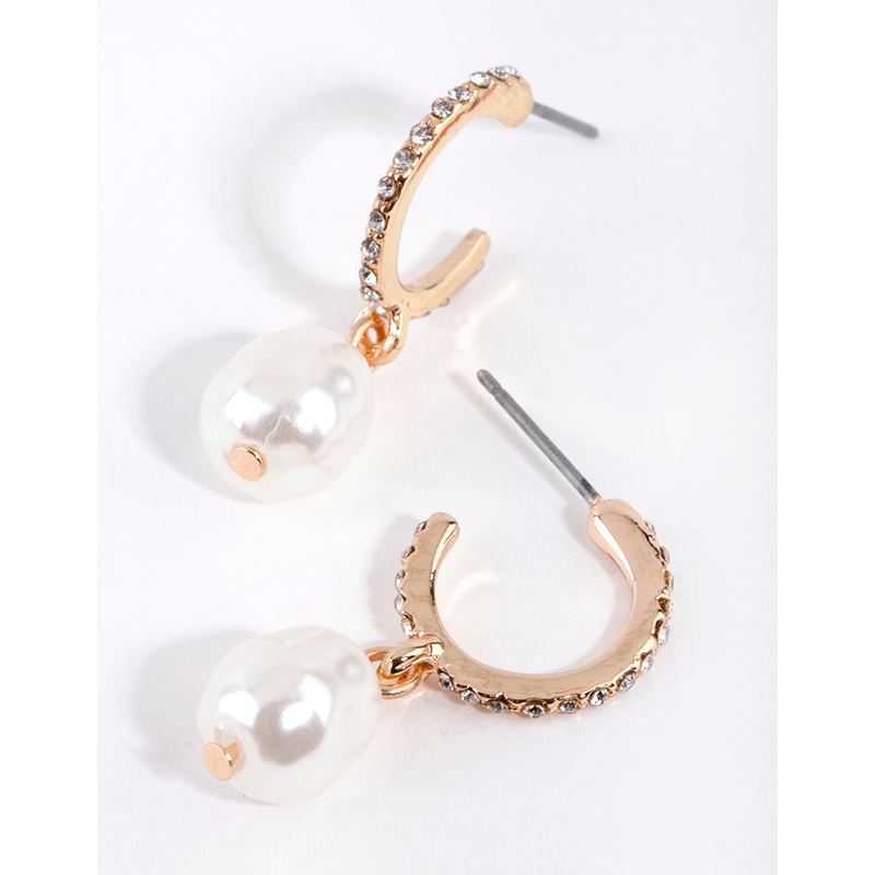 Gold Diamante Pearl Open Hoop Earrings