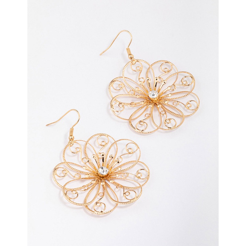 Gold Diamante Wire Swirly Flower Drop Earrings