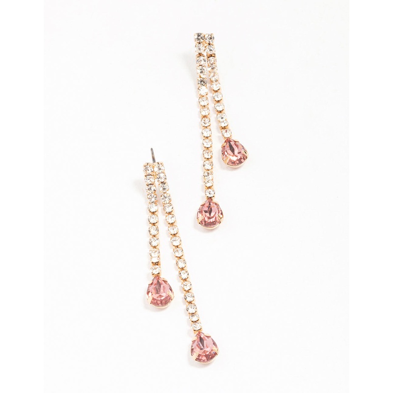 Gold Double Cupchain Pink Pear Drop Earrings