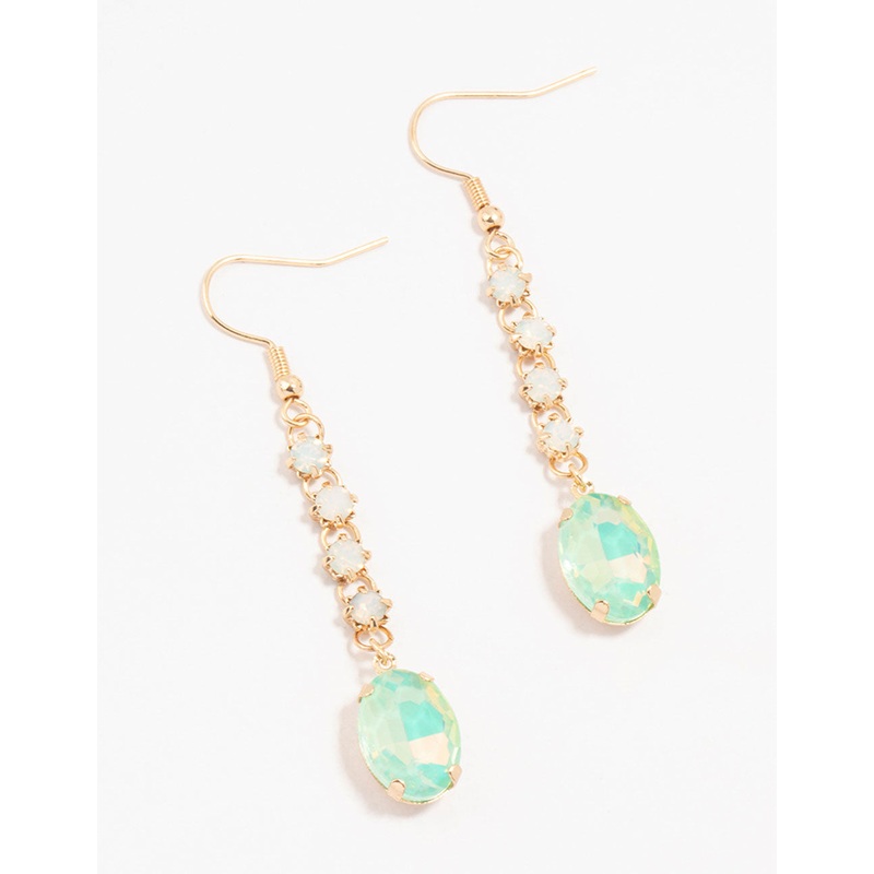 Gold & Green Cup Chain Diamante Oval Drop Earrings