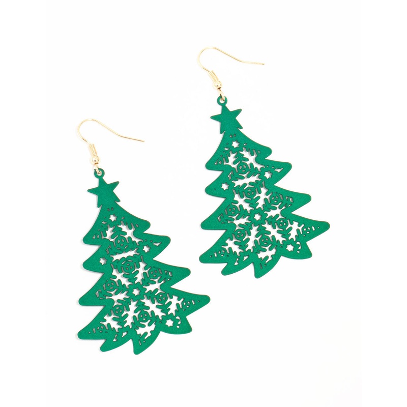Gold Green Cutout Tree Gold Drop Earrings