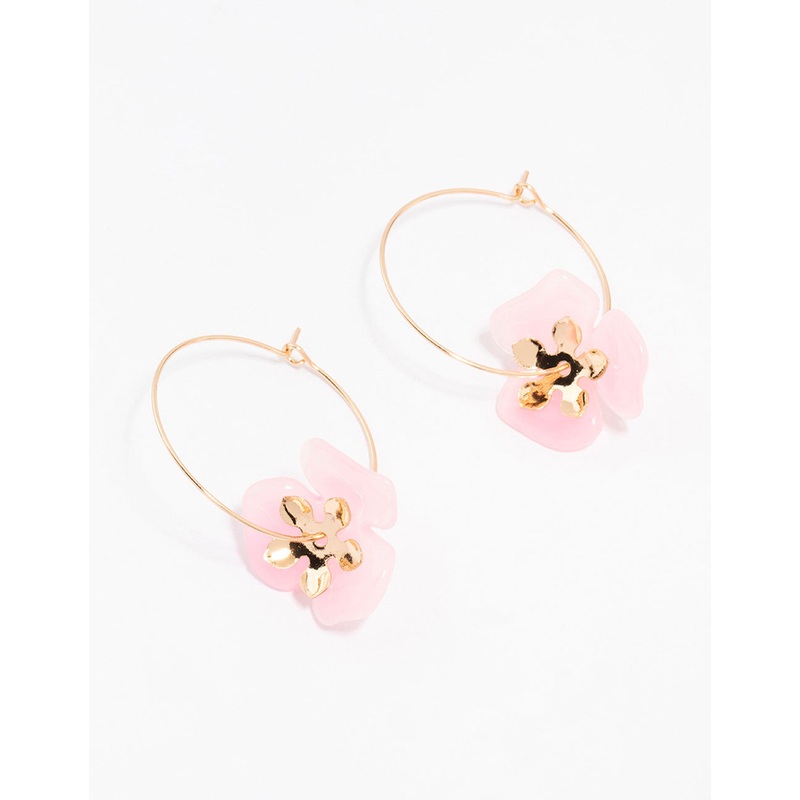 Gold Large Pink Flower Wire Hoop Earrings