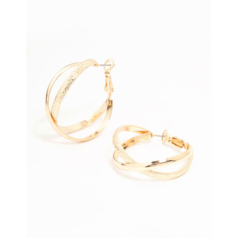 Gold Mixed Texture Crossover Hoop Earrings